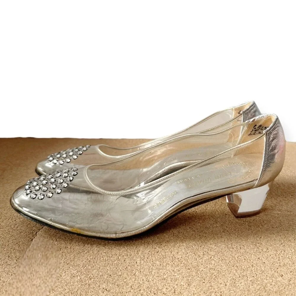 Vintage 60s Herbert Levine Clear Vinyl Lucite Heels Rhinestone Pumps Beth Levine